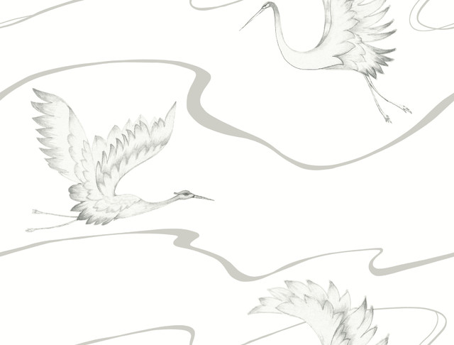 Soaring Cranes White & Silver Wallpaper by Inspired by Color Designer Black & White Resource Library Covers about 60.8 square feet 27-in by 27-ft long roll Prepasted 20.5 - Swanky Fabrics - Soaring Cranes White & Silver Wallpaper by Inspired by Color Designer Black & White Resource Library Covers about 60.8 square feet 27-in by 27-ft long roll Prepasted 20.5 - Swanky Fabrics -