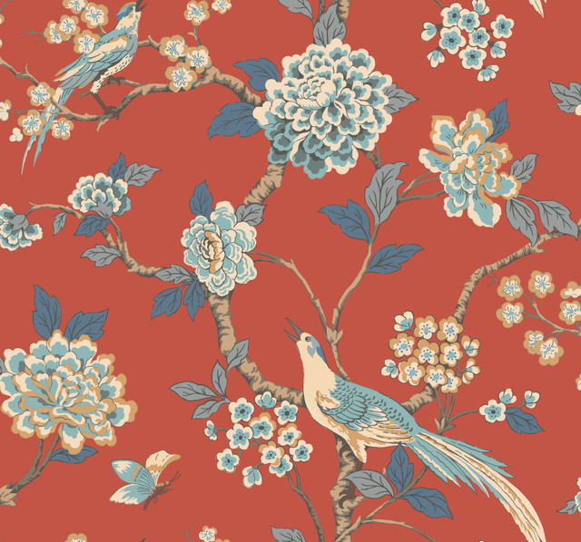 Fanciful Orange Wallpaper by York Wallcoverings Designer Grandmillennial Covers about 60.8 square feet 27-in by 27-ft long roll Prepasted 25.25 - Swanky Fabrics - Fanciful Orange Wallpaper by York Wallcoverings Designer Grandmillennial Covers about 60.8 square feet 27-in by 27-ft long roll Prepasted 25.25 - Swanky Fabrics -