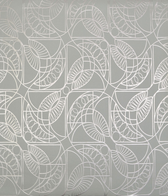 Cartouche Blue & Silver Wallpaper by Antonina Vella Designer Antonina Vella Modern Metals Covers about 56.9 square feet 20.8-in by 32.8-ft long roll Unpasted 12.6 - Swanky Fabrics -