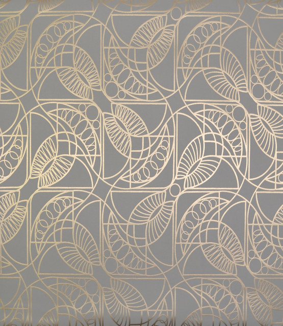 Cartouche Grey & Gold Wallpaper by Antonina Vella Designer Antonina Vella Modern Metals Covers about 56.9 square feet 20.8-in by 32.8-ft long roll Unpasted 12.6 - Swanky Fabrics -