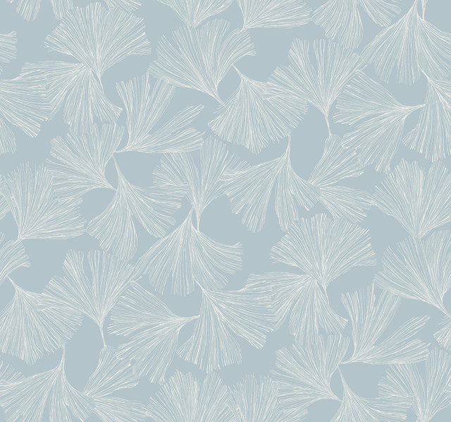 Gingko Toss Blue Wallpaper by Antonina Vella Designer Antonina Vella Dazzling Dimensions Volume II Covers about 60.8 square feet 27-in by 27-ft long roll Unpasted 25.25 - Swanky Fabrics -