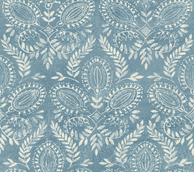 Laurel Damask Blue Wallpaper by Antonina Vella Designer Antonina Vella Boho Luxe Covers about 60.8 square feet 27-in by 27-ft long roll Unpasted 24 - Swanky Fabrics -