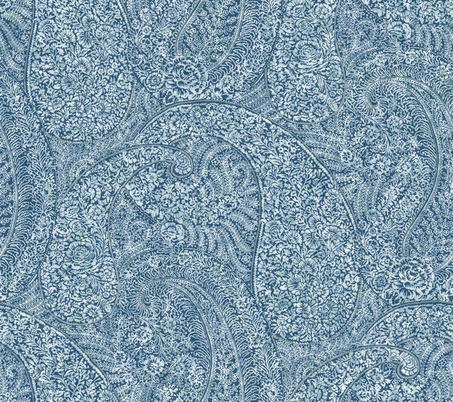 Kashmir Dreams Paisley Blue Wallpaper by Antonina Vella Designer Antonina Vella Boho Luxe Covers about 60.8 square feet 27-in by 27-ft long roll Unpasted 24 - Swanky Fabrics - Kashmir Dreams Paisley Blue Wallpaper by Antonina Vella Designer Antonina Vella Boho Luxe Covers about 60.8 square feet 27-in by 27-ft long roll Unpasted 24 - Swanky Fabrics -