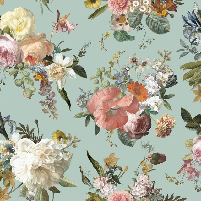 Antonia Aqua Vintage Bouquet Wallpaper by ESTA Home Designer Design Department Covers about 57.5 square feet 20.9-in by 33-ft long roll Unpasted 20.9 - Swanky Fabrics -