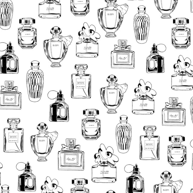 Chita White Perfume Bottles Wallpaper by ESTA Home Designer Design Department Covers about 56.4 square feet 20.5-in by 33-ft long roll Unpasted 20.9 - Swanky Fabrics -