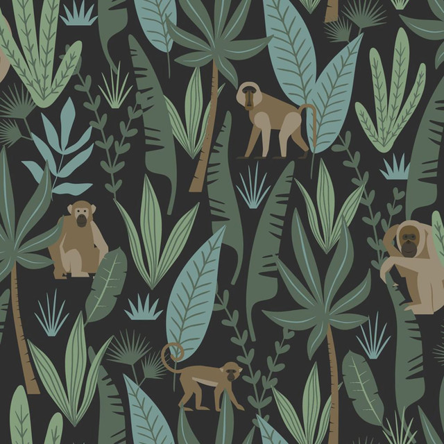 Macaque Dark Green Monkeys Wallpaper by ESTA Home Designer Design Department Covers about 57.5 square feet 20.9-in by 33-ft long roll Unpasted 20.9 - Swanky Fabrics -
