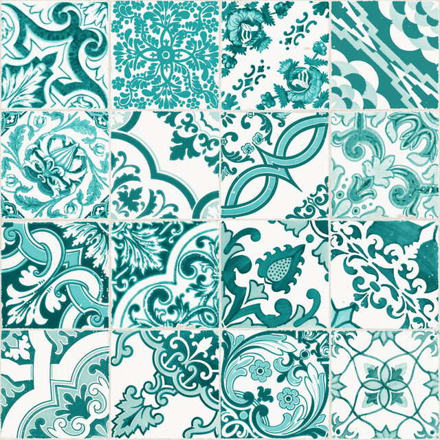 Cohen Turquoise Tile Wallpaper by ESTA Home Designer Design Department Covers about 56.4 square feet 20.5-in by 33-ft long roll Unpasted 20.9 - Swanky Fabrics -