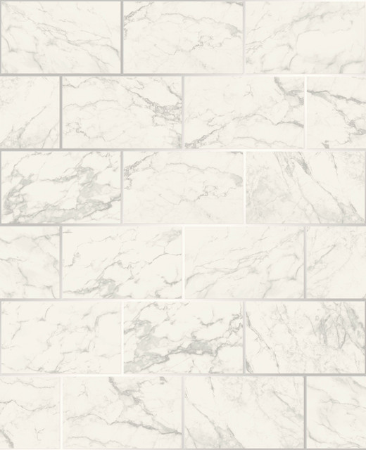 Mirren Off White Marble Subway Tile Wallpaper by Crown Designer CWV Covers about 56.4 square feet 20.5-in by 33-ft long roll Unpasted 25.2 - Swanky Fabrics -