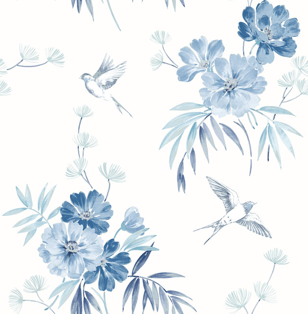 Deja Blue Floral Wallpaper by Brewster Designer Brewster Essentials Covers about 56.4 square feet 20.5-in by 33-ft long roll Unpasted 20.9 - Swanky Fabrics - Deja Blue Floral Wallpaper by Brewster Designer Brewster Essentials Covers about 56.4 square feet 20.5-in by 33-ft long roll Unpasted 20.9 - Swanky Fabrics -