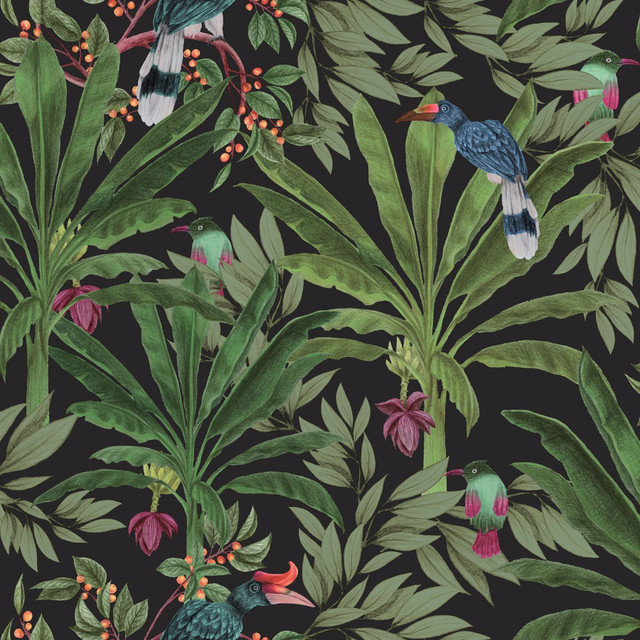 Carola Black Jungle Tropics Wallpaper by ESTA Home Designer Design Department Covers about 57.5 square feet 20.9-in by 33-ft long roll Unpasted 20.9 - Swanky Fabrics - Carola Black Jungle Tropics Wallpaper by ESTA Home Designer Design Department Covers about 57.5 square feet 20.9-in by 33-ft long roll Unpasted 20.9 - Swanky Fabrics -