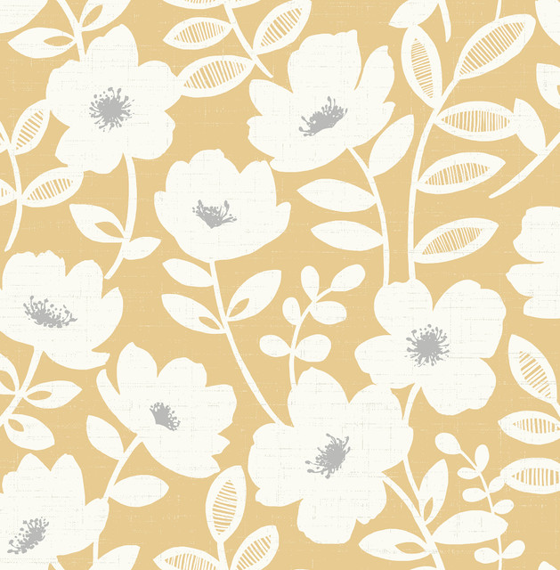 Bergman Mustard Scandi Flower Wallpaper by Brewster Designer Brewster Essentials Covers about 56.4 square feet 20.5-in by 33-ft long roll Unpasted 20.9 - Swanky Fabrics -