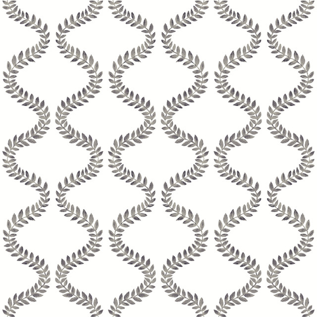 Florentine Soft Black Vine Trellis Peel & Stick Wallpaper by York Wallcoverings Designer Mirth Studios Covers about 34.2 square feet 20.5-in by 20-ft long roll Peel & Stick 20.5 - Swanky Fabrics -