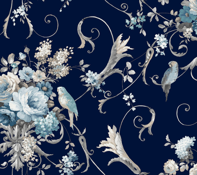Parrots with Floral Bouquets Navy Peel & Stick Wallpaper by York Wallcoverings Designer Vintage Florals Covers about 45 square feet 27-in by 20-ft long roll Peel & Stick 24 - Swanky Fabrics - Parrots with Floral Bouquets Navy Peel & Stick Wallpaper by York Wallcoverings Designer Vintage Florals Covers about 45 square feet 27-in by 20-ft long roll Peel & Stick 24 - Swanky Fabrics -