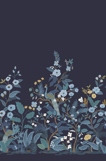 Peacock Navy Wall Mural by Rifle Paper Co. Designer Rifle Paper Co. 3rd Edition Covers 3 panels - measures 6.75-ft wide by 10.2-ft long when assembled 27-in by 10.2-ft long roll Unpasted 0 - Swanky Fabrics - Peacock Navy Wall Mural by Rifle Paper Co. Designer Rifle Paper Co. 3rd Edition Covers 3 panels - measures 6.75-ft wide by 10.2-ft long when assembled 27-in by 10.2-ft long roll Unpasted 0 - Swanky Fabrics -