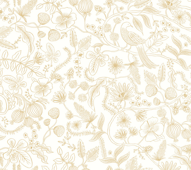 Aviary Off White & Gold Peel & Stick Wallpaper by Rifle Paper Co. Designer Rifle Paper Co. Premium Peel & Stick Covers about 45 square feet 27-in by 20-ft long roll Peel & Stick 24 - Swanky Fabrics - Aviary Off White & Gold Peel & Stick Wallpaper by Rifle Paper Co. Designer Rifle Paper Co. Premium Peel & Stick Covers about 45 square feet 27-in by 20-ft long roll Peel & Stick 24 - Swanky Fabrics -