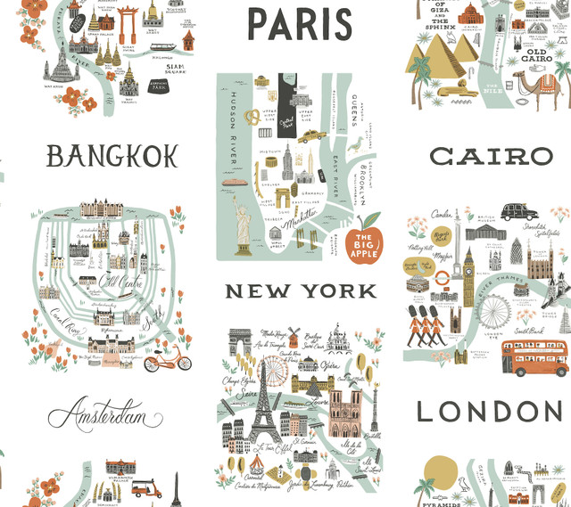 City Maps Mint Peel & Stick Wallpaper by Rifle Paper Co. Designer Rifle Paper Co. Premium Peel & Stick Covers about 45 square feet 27-in by 20-ft long roll Peel & Stick 24 - Swanky Fabrics -