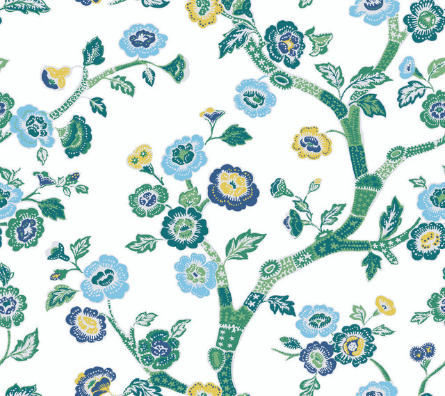 Temple Garden Bardados Green Peel & Stick Wallpaper by Madcap Cottage Designer Madcap Cottage Covers about 45 square feet 27-in by 20-ft long roll Peel & Stick 24 - Swanky Fabrics -