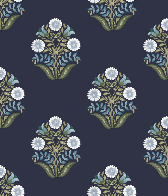 Sophie Navy Floral Medallion Peel & Stick Wallpaper by York Wallcoverings Designer Mirth Studios Covers about 34.2 square feet 20.5-in by 20-ft long roll Peel & Stick 24 - Swanky Fabrics - Sophie Navy Floral Medallion Peel & Stick Wallpaper by York Wallcoverings Designer Mirth Studios Covers about 34.2 square feet 20.5-in by 20-ft long roll Peel & Stick 24 - Swanky Fabrics -