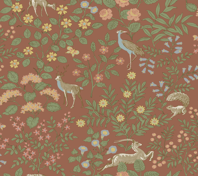 Woodland Floral Rust Peel & Stick Wallpaper by Erin & Ben Designer Erin & Ben Co. Covers about 45 square feet 27-in by 20-ft long roll Peel & Stick 24 - Swanky Fabrics -