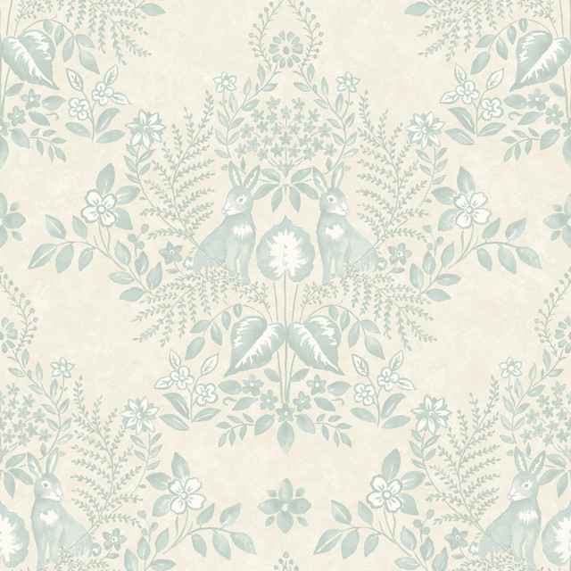 Cottontail Toile Vintage Duck Egg Peel & Stick Wallpaper by Erin & Ben Designer Erin & Ben Co. Covers about 34.2 square feet 20.5-in by 20-ft long roll Peel & Stick 20.5 - Swanky Fabrics -