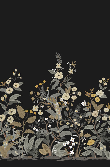 Peacock Black Wall Mural by Rifle Paper Co. Designer Rifle Paper Co. Second Edition Covers 3 panels - measures 6.75-ft wide by 10.2-ft long when assembled 27-in by 10.2-ft long roll Unpasted 0 - Swanky Fabrics - Peacock Black Wall Mural by Rifle Paper Co. Designer Rifle Paper Co. Second Edition Covers 3 panels - measures 6.75-ft wide by 10.2-ft long when assembled 27-in by 10.2-ft long roll Unpasted 0 - Swanky Fabrics -