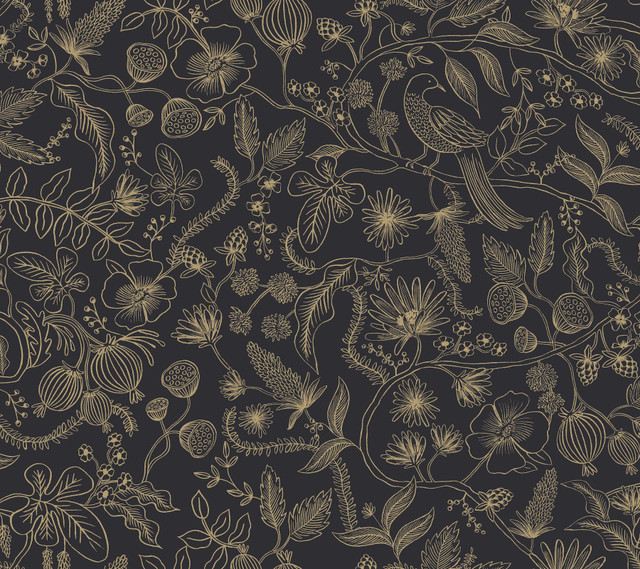 Aviary Black & Gold Peel & Stick Wallpaper by Rifle Paper Co. Designer Rifle Paper Co. Premium Peel & Stick Covers about 45 square feet 27-in by 20-ft long roll Peel & Stick 24 - Swanky Fabrics - Aviary Black & Gold Peel & Stick Wallpaper by Rifle Paper Co. Designer Rifle Paper Co. Premium Peel & Stick Covers about 45 square feet 27-in by 20-ft long roll Peel & Stick 24 - Swanky Fabrics -