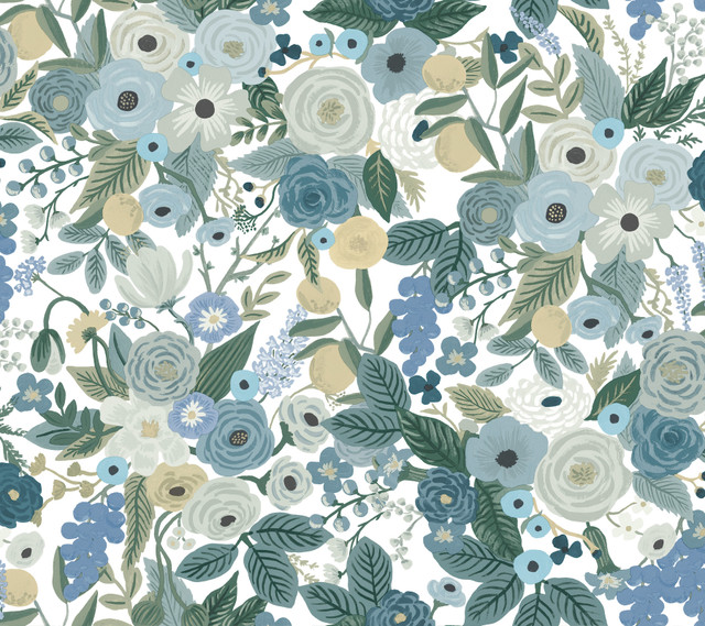 Garden Party Blue Peel & Stick Wallpaper by Rifle Paper Co. Designer Rifle Paper Co. Premium Peel & Stick Covers about 45 square feet 27-in by 20-ft long roll Peel & Stick 24 - Swanky Fabrics - Garden Party Blue Peel & Stick Wallpaper by Rifle Paper Co. Designer Rifle Paper Co. Premium Peel & Stick Covers about 45 square feet 27-in by 20-ft long roll Peel & Stick 24 - Swanky Fabrics -