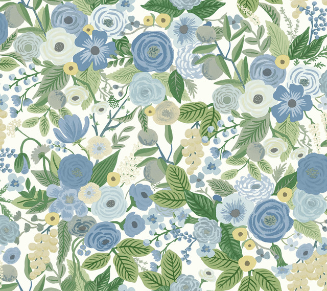 Garden Party Blue & Green Multi Peel & Stick Wallpaper by Rifle Paper Co. Designer P&S Rifle Paper 2 Covers about 45 square feet 27-in by 20-ft long roll Peel & Stick 24 - Swanky Fabrics -