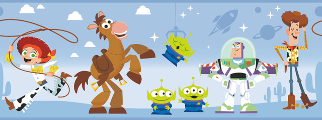 Disney & Pixar Toy Story 4 Blue Border by York Wallcoverings Designer Disney Kids Vol. 4 Covers about 6.8 square feet 9-in by 9-ft long roll Unpasted 36 - Swanky Fabrics - Disney & Pixar Toy Story 4 Blue Border by York Wallcoverings Designer Disney Kids Vol. 4 Covers about 6.8 square feet 9-in by 9-ft long roll Unpasted 36 - Swanky Fabrics -