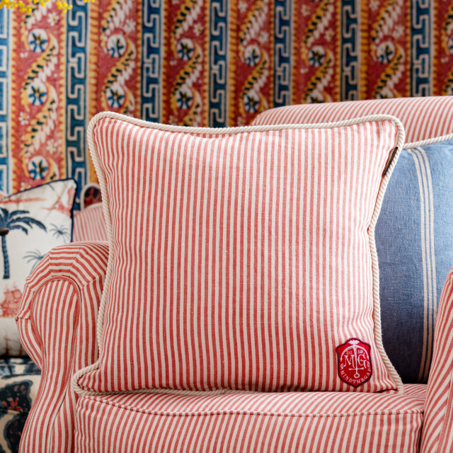 Mind The Gap Pillows RHUBARB Stripe Cushion (LC40117) | LC40117 | SUNDANCE VILLA | 20 x 20 in | Red, White | Fabric Carolina | https://www.fabriccarolina.com/