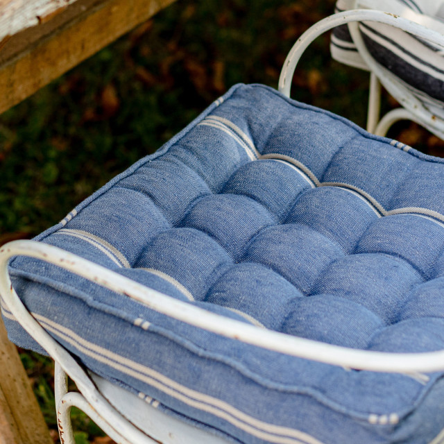 Mind The Gap Pillows KATALIN STRIPE Linen Chair Cushion (AC00022) | AC00022 | TRANSYLVANIAN ROOTS | 15,75 x 15,7 x 3,5 in | Blue, White | Fabric Carolina | https://www.fabriccarolina.com/