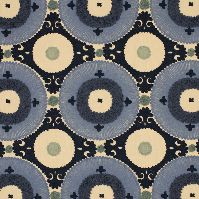 S7074 Azure by Greenhouse Designer Fabric - 52% Polyester, 48% Cotton (Embroidery: 100% Cotton) India 9000 9" H, 9.25" V 55" - Swanky Fabrics -