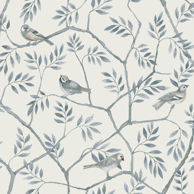 Crossbill Light Blue Floral Bird Wallpaper - Thumbnail 2