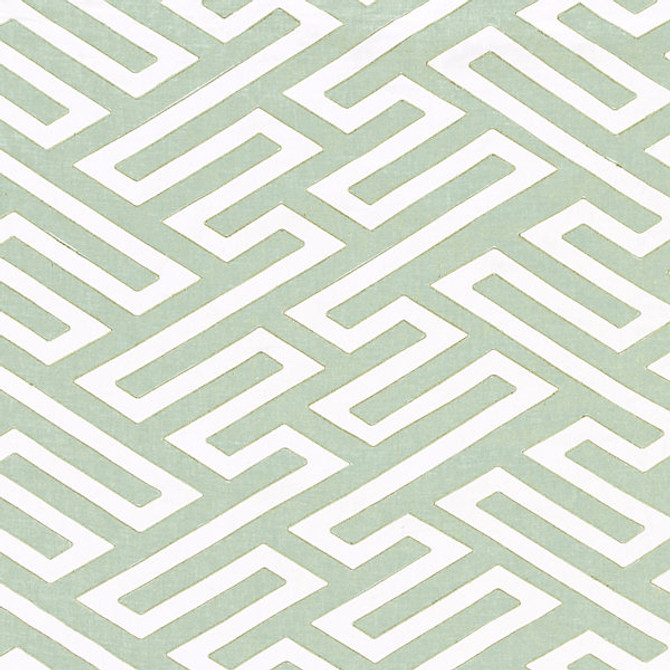 Canton Fret Applique/Eucalyptus 27218-002 by Scalamandre Designer Fabric CHINOIS CHIC 85% LINEN 13% COTTON 2% VISCOSE INDIA LIGHT DUTY Horizontal: 8" and Vertical: 8" 50" - Swanky Fabrics -