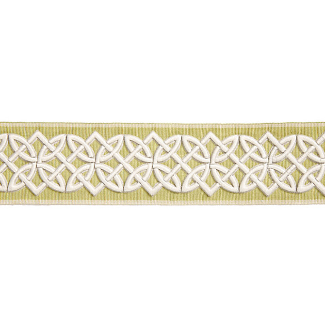 Celtic Embroidered Tape/Lettuce T3282-004 by Scalamandre Trim Designer Trim HAMPTONS TRIMMINGS 40% POLYESTER 32% VISCOSE 28% ACRYLIC CHINA LIGHT DUTY Horizontal: 1.875" and Vertical: 2.75" - Swanky Fabrics -