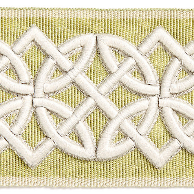 Celtic Embroidered Tape/Lettuce Sc 0004T3282 by Scalamandre
 Designer Trim HAMPTONS TRIMMINGS                                                     40% POLYESTER 32% VISCOSE 28% ACRYLIC CHINA LIGHT DUTY Horizontal: 1.875" and Vertical:  2.75"  - Swanky Fabrics -