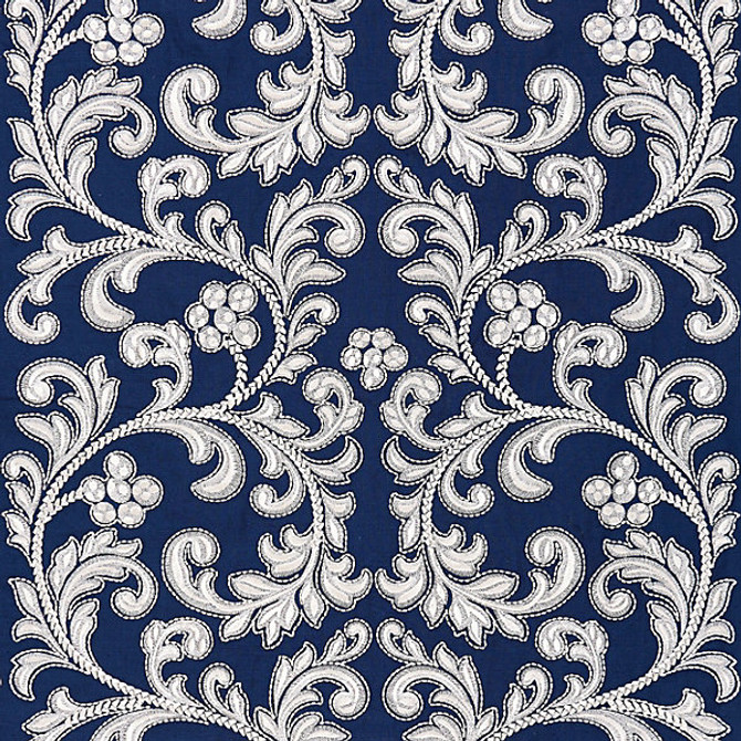 Chiara Embroidery/Indigo 27029-005 by Scalamandre Designer Fabric SCALAMANDRE WAREHOUSE 60% LINEN 40% COTTON INDIA LIGHT DUTY Horizontal: 15" and Vertical: 24" 53" - Swanky Fabrics -
