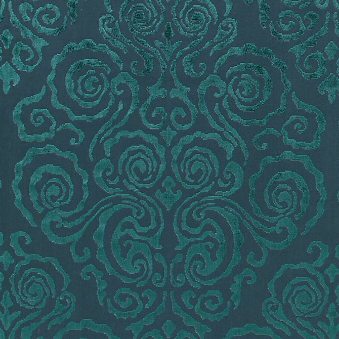 Cirrus Velvet Damask/Emerald 27219-003 by Scalamandre Designer Fabric CHINOIS CHIC 3% POLYESTER|62% COTTON 32% VISCOSE 3% LINEN INDIA MEDIUM DUTY Horizontal: 45.5" and Vertical: 26.5" 53" - Swanky Fabrics -