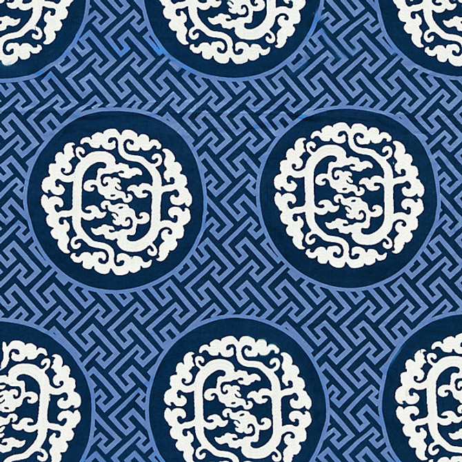 Dragon'S Fret Embroidery/Midnight 27215-002 by Scalamandre Designer Fabric CHINOIS CHIC 75% LINEN 25% POLYESTER INDIA LIGHT DUTY Horizontal: 24" and Vertical: 13.5" 54" - Swanky Fabrics -