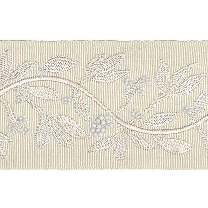 Laurel Embroidered Tape/Vellum Sc 0001T3292 by Scalamandre
 Designer Trim MODERN LUXURY                                                          50% VISCOSE 35% GLASS 15% METALLIC INDIA LIGHT DUTY Horizontal: 7.5" and Vertical:  3.75"  - Swanky Fabrics -