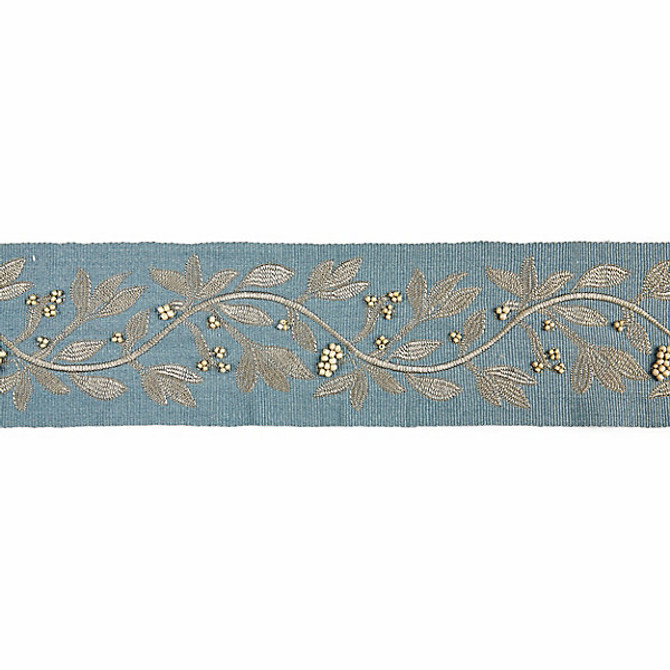 Laurel Embroidered Tape/Bluestone T3292-003 by Scalamandre Trim Designer Trim SCALAMANDRE WAREHOUSE 50% VISCOSE 35% GLASS 15% METALLIC INDIA LIGHT DUTY Horizontal: 7.5" and Vertical: 3.75" - Swanky Fabrics -
