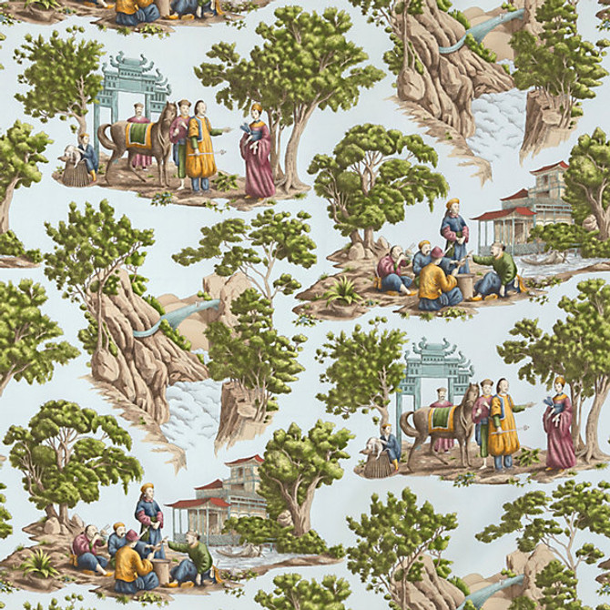 Mandarin Toile/Sky Fb 0001Ma29 by Old World Weavers Designer Fabric MANOR SUITE                                                            100% COTTON FRANCE LIGHT DUTY Horizontal: 50" and Vertical: 26.5" 53"  - Swanky Fabrics -