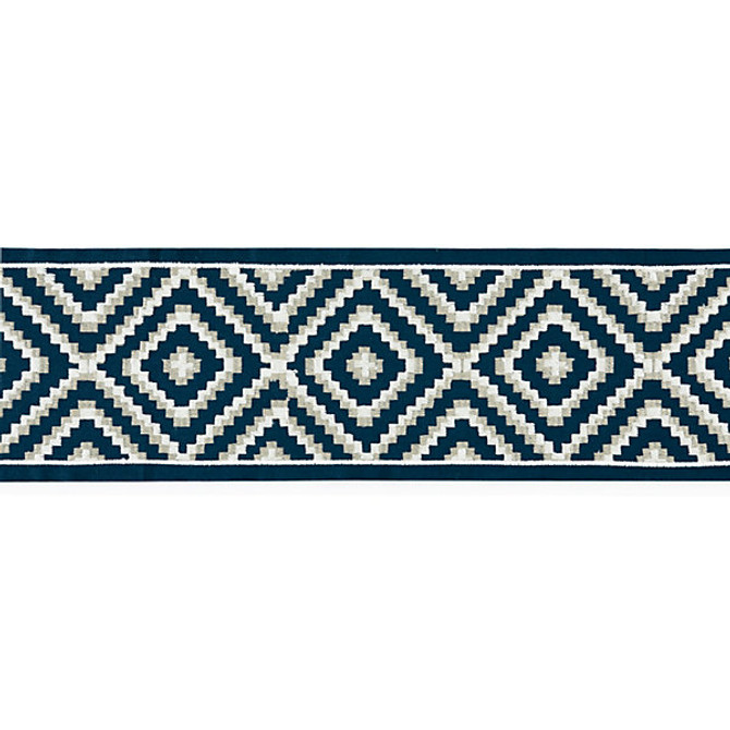 Medina Embroidered Tape/Indigo T3306-004 by Scalamandre Trim Designer Trim STOCKED AT 55% COTTON;37% VISCOSE;8% SPUN POLYESTER INDIA LIGHT DUTY Horizontal: 5" and Vertical: 5.5" - Swanky Fabrics -