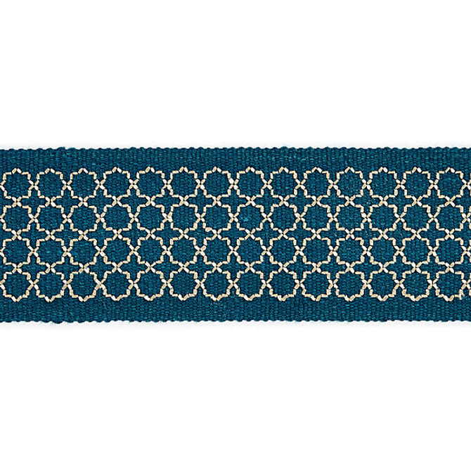 Seville Embroidered Tape/Peacock Sc 0003T3289 by Scalamandre
 Designer Trim MERCHANTE                                                              91% LINEN 9% RAYON INDIA LIGHT DUTY Horizontal: .5" and Vertical:  2.5"  - Swanky Fabrics -