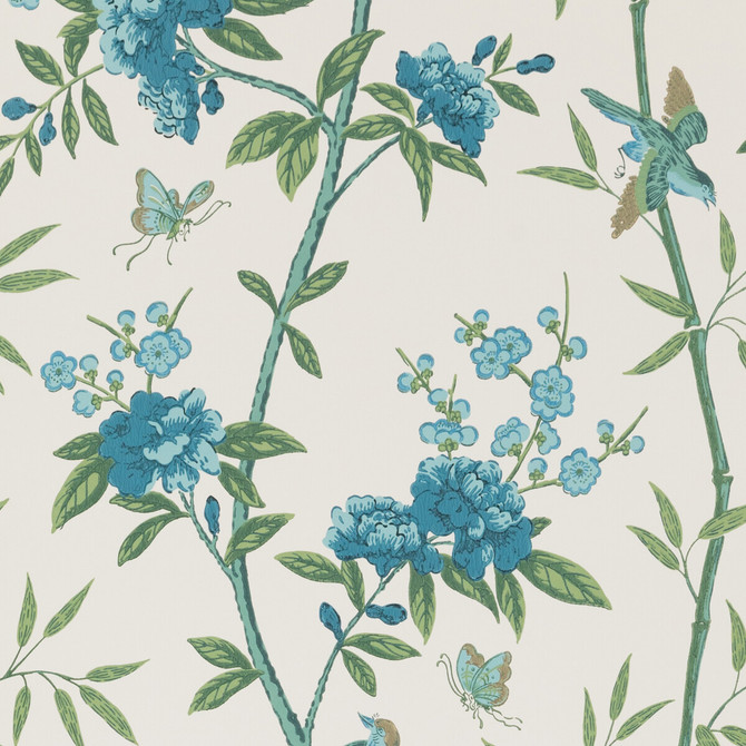Peony & Blossom Indigo/Teal by G P & J Baker Designer Wallcovering SIGNATURE NON WOVEN - 100% United Kingdom Horizontal: 20.488 and Vertical: 25.61 20.488 - Swanky Fabrics -