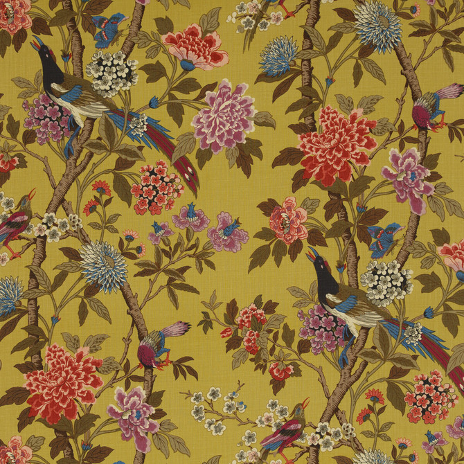 Hydrangea Bird Mustard/Mauve by G P & J Baker Designer Fabric EAST TO WEST LINEN - 100% Thailand LIGHT Horizontal: 53.978 and Vertical: 43.734 53.978 - Swanky Fabrics -