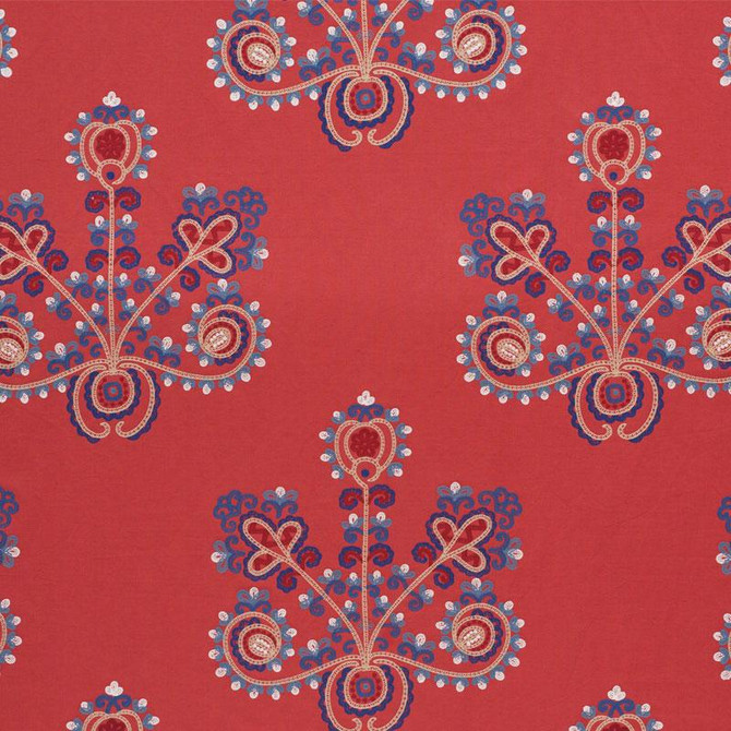 Estrella Embroidery Vermilion 74451 by Schumacher Designer Fabric Primitive Beauty 26.0" - Swanky Fabrics -