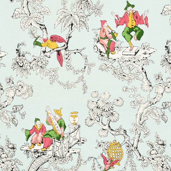 Chinoiserie Moderne Aqua 177420 by Schumacher Designer Fabric SCHUMACHER CLASSICS LINEN 55% COTTON 45% BELGIUM WYZENBEEK 15,000 </p><p>Repeat: Horizontal: 27" (69CM) and Vertical: 35 3/4" (91CM) 54 - Swanky Fabrics -