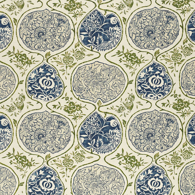 Katsugi Indigo & Green 2620932 by Schumacher Designer Fabric DW-SPRING 2003 COLLECTION LINEN 55% COTTON 45% BELGIUM </p><p>Repeat: Horizontal: 27" (69CM) and Vertical: 25" (64CM) 54 - Swanky Fabrics -
