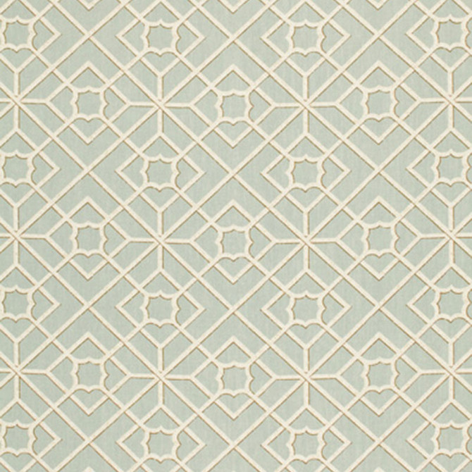 Luan Fretwork Sky 173491 by Schumacher Designer Fabric SCHUMACHER PRINTS See Sample UNITED KINGDOM NOT APPLICABLE </p><p>Repeat: Horizontal: 9" (23CM) and Vertical: 9" (23CM) 54" WIDE (137CM) - Swanky Fabrics -